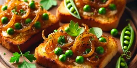 Рецепт тостов с карамелизированным луком и зеленым горошком