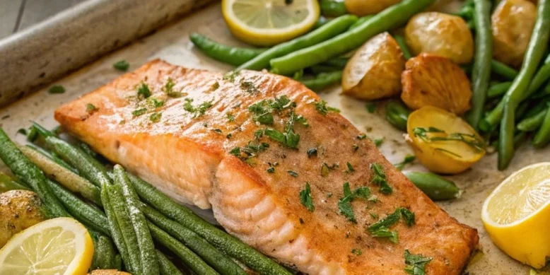 Лосось із лимоном і часником, запечений на деку з картоплею та зеленою квасолею: рецепт без зусиль