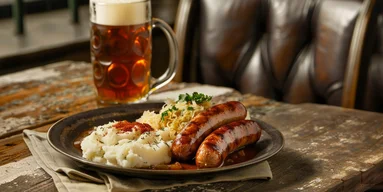 Колбаски с квашеной капустой в пивной глазури по-баварски