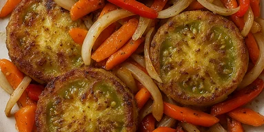 Жареные зеленые помидоры с мясом и овощами: вечеринка вкусов на тарелке