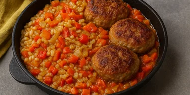 Идеальный тандем: куриные котлеты на подушке из перловки и овощей