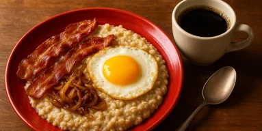 Солоний варіант: сирна вівсянка з беконом, карамелізованою цибулею та смаженим яйцем