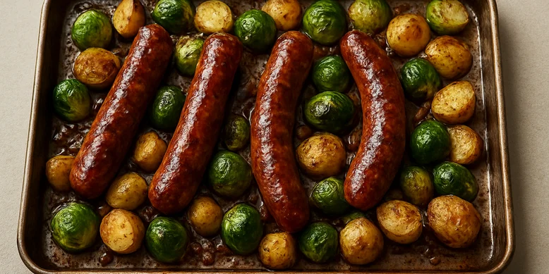 Ужин на одном деке: колбаски плюс хрустящая брюссельская капуста