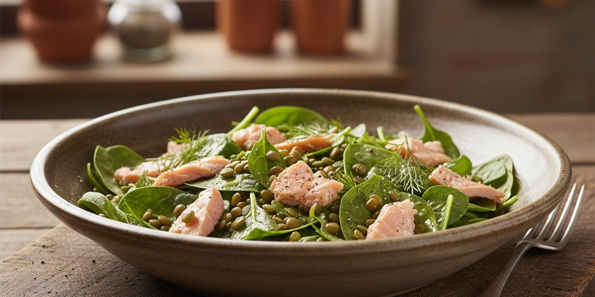 В одному горщику: cалат з лосося, шпинату та сочевиці