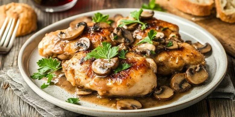 Тушкована курка з грибами та цибулею-пореєм в одній сковорідці